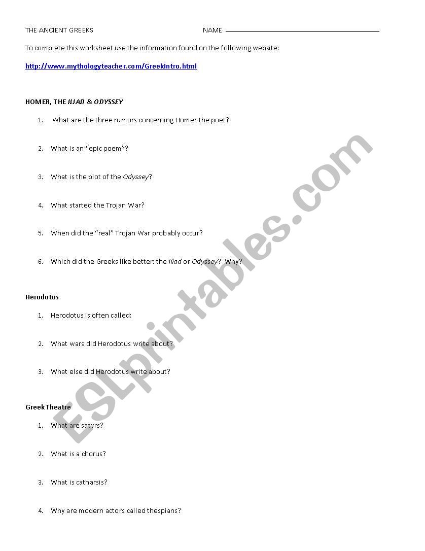 Mythology Computer Assignment worksheet