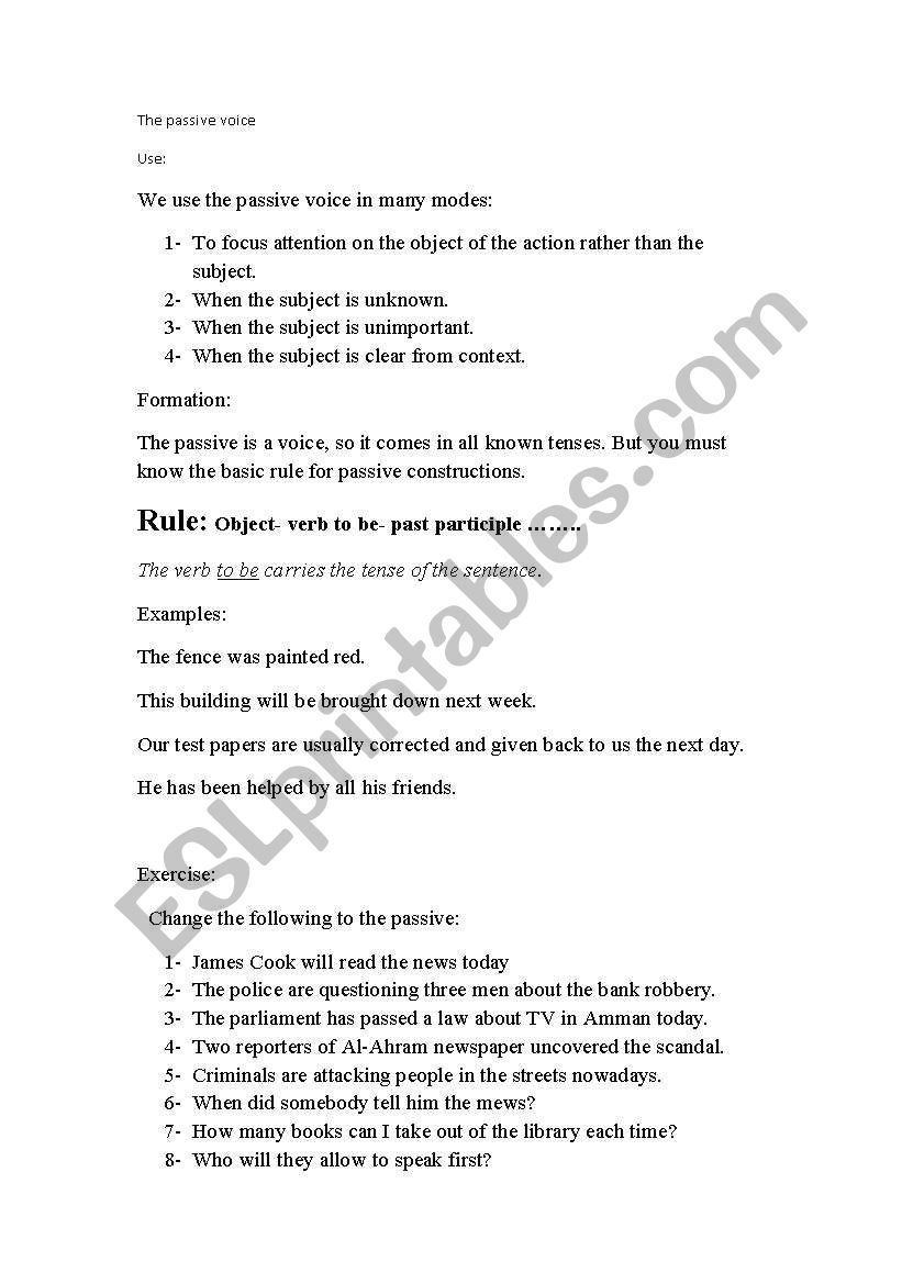 passive voice exersises worksheet