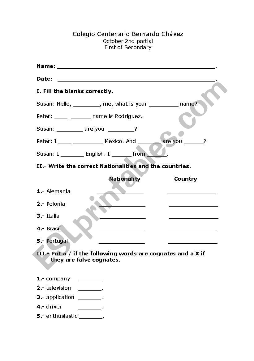 exam worksheet