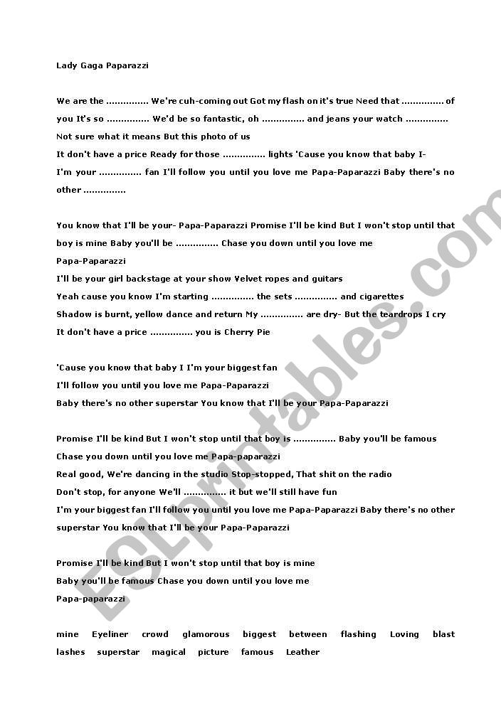 English Worksheets Lady Gaga Paparazzi Song Worksheet - paparazzi lady gaga roblox id