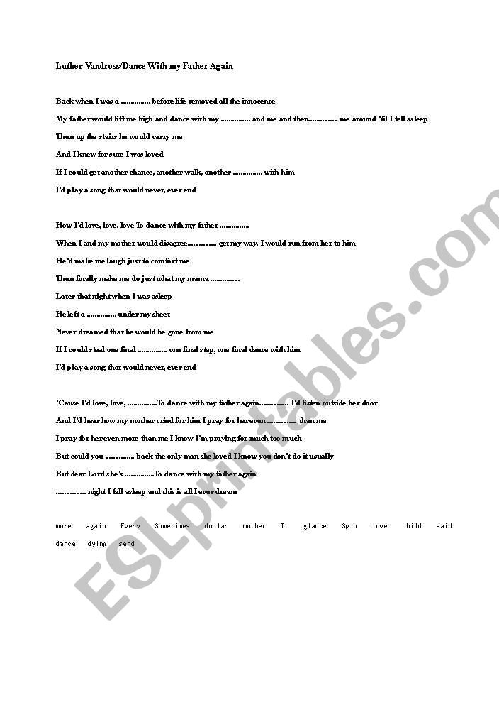 Luther Vandross/Dance With My Father Again Song Worksheet