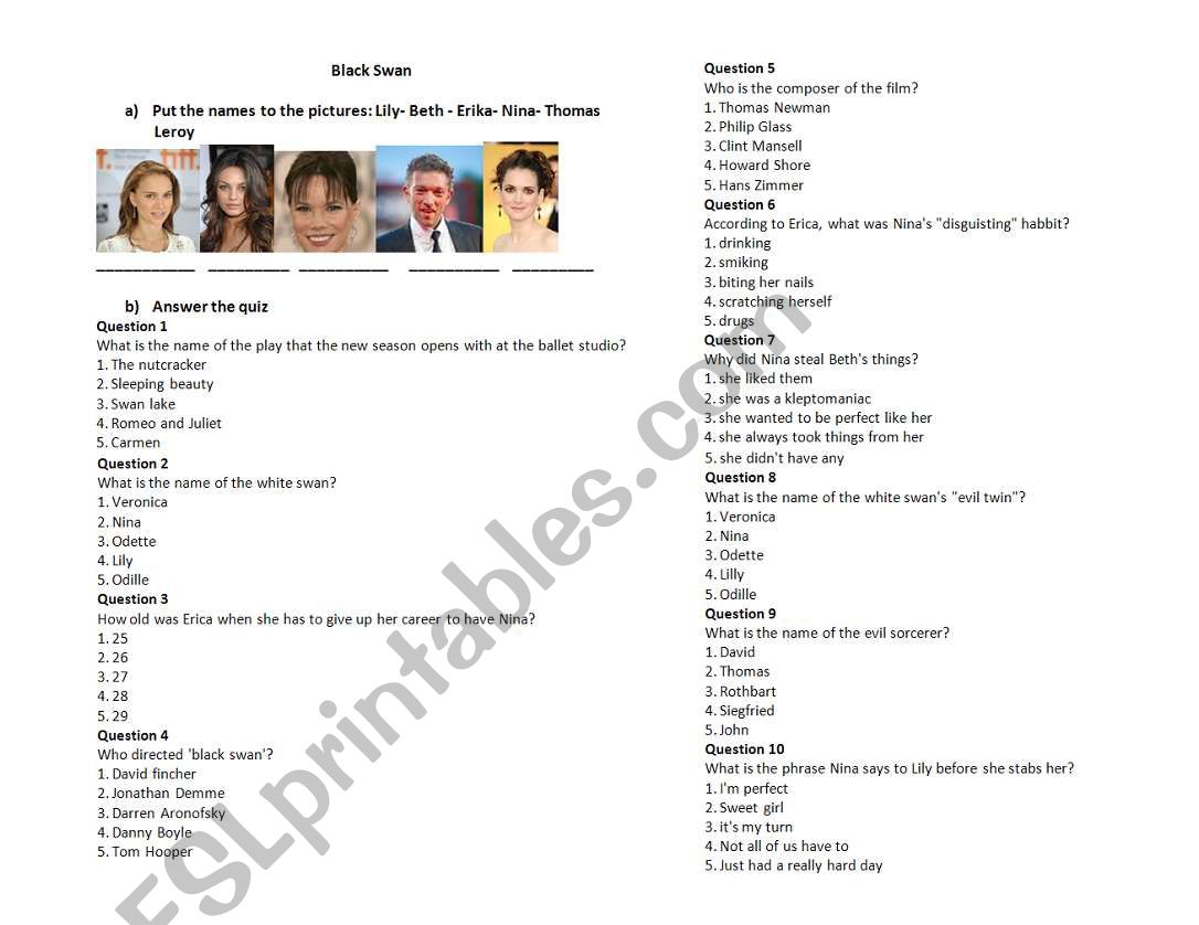 Black Swan Movie worksheet