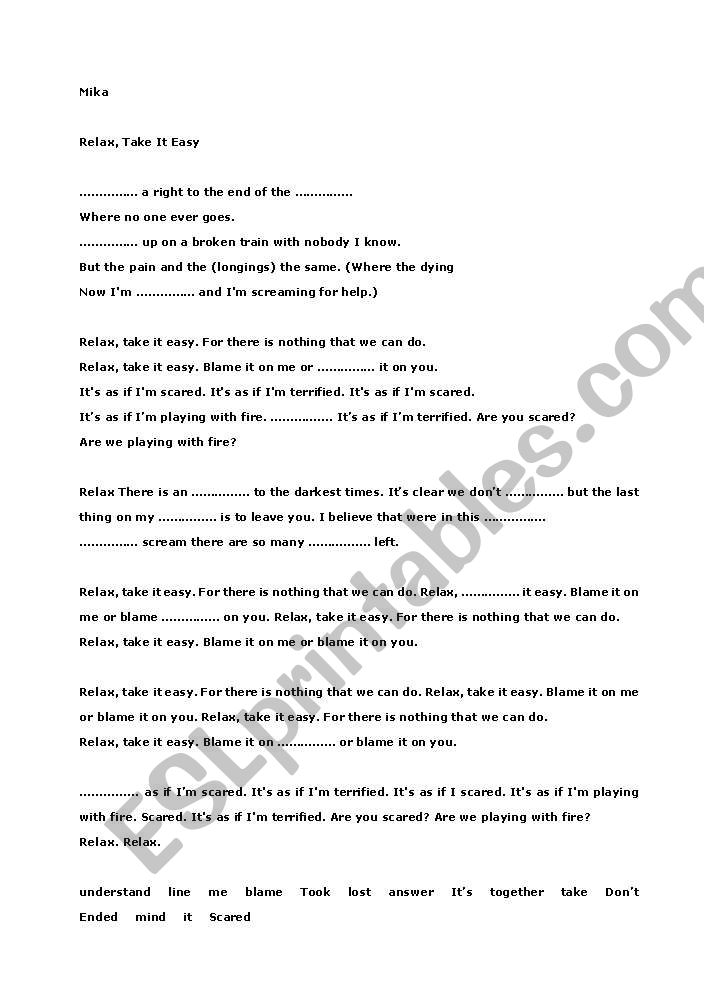Mika/Relax Song Worksheet worksheet