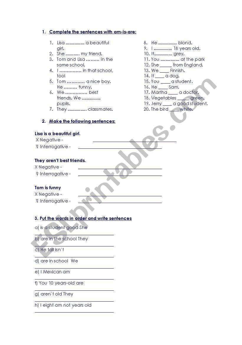 verb to be worksheet