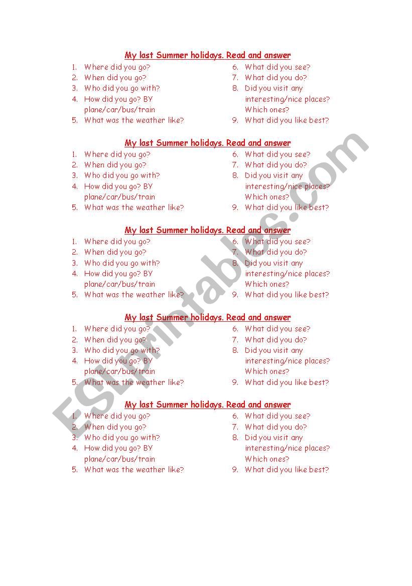 my last summer holidays worksheet