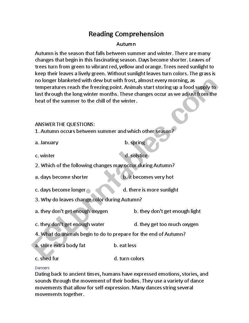 Reading comprehension quiz worksheet