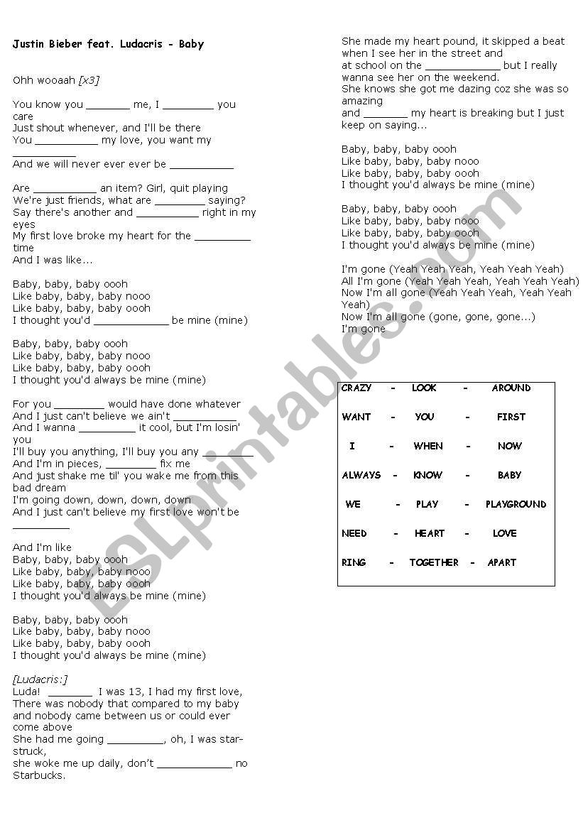 Justin Bieber - Baby lyric worksheet