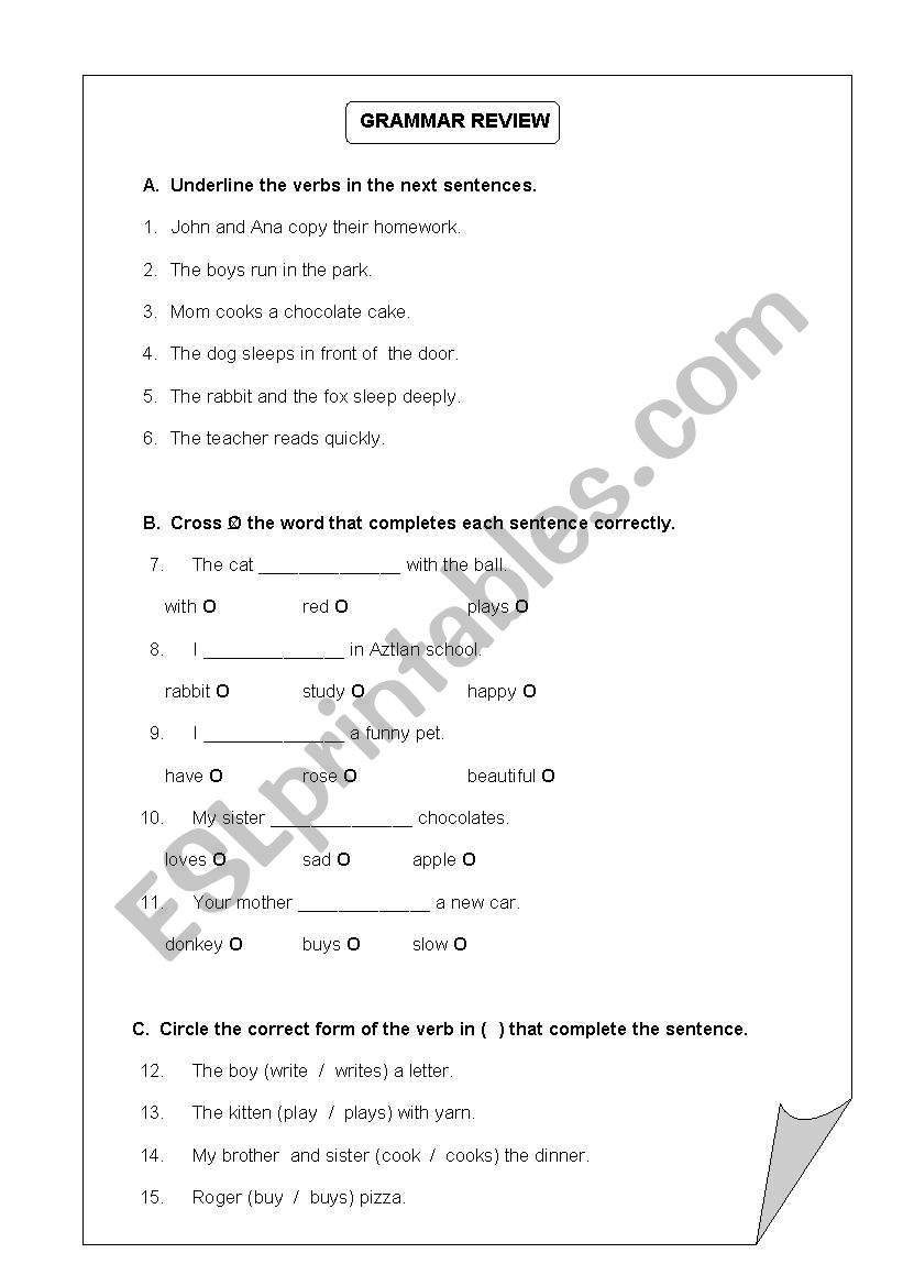 GRAMMAR REVIEW FOR CHILDREN worksheet