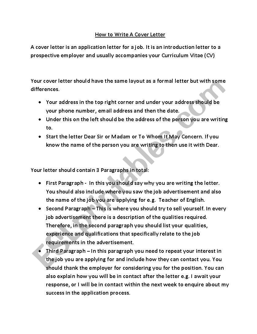 How to write a Cover Letter worksheet