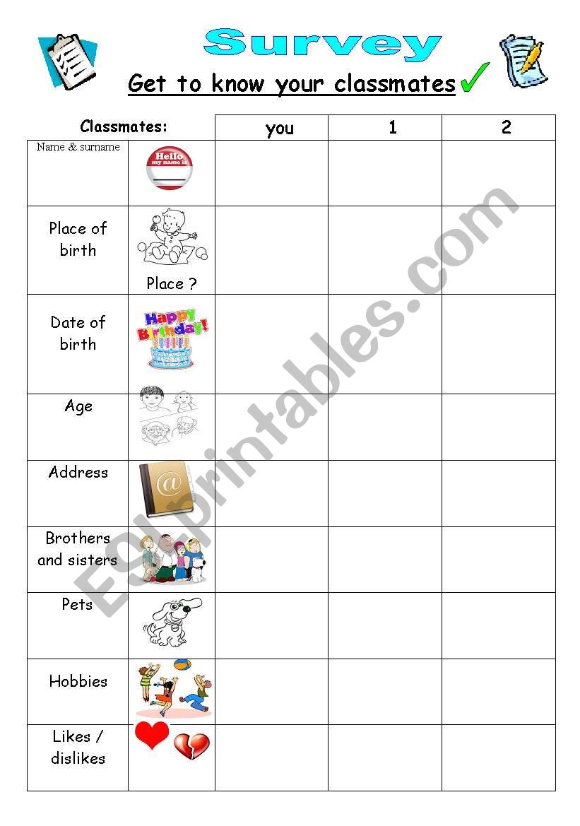 Get to know your classmates - pair work