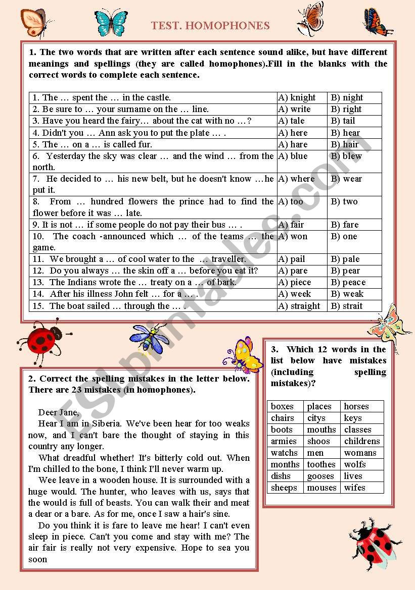 Test. Homophones. worksheet