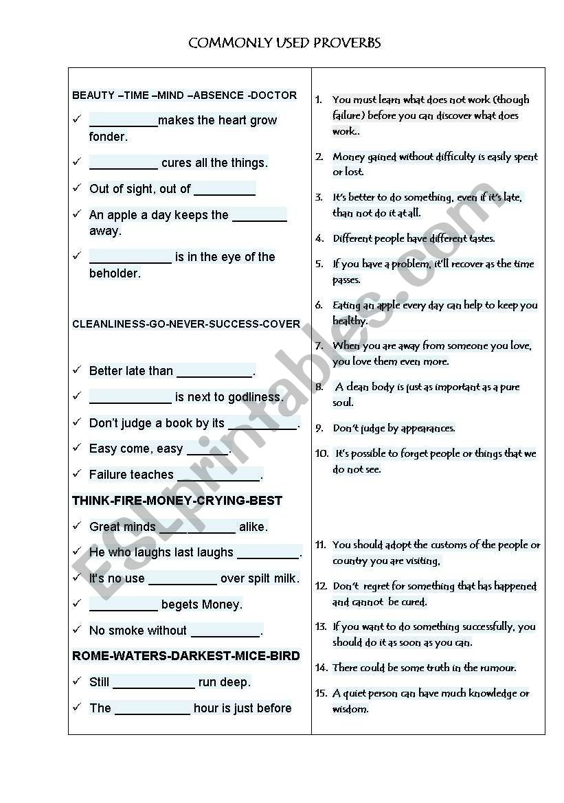 Commonly used proverbs worksheet