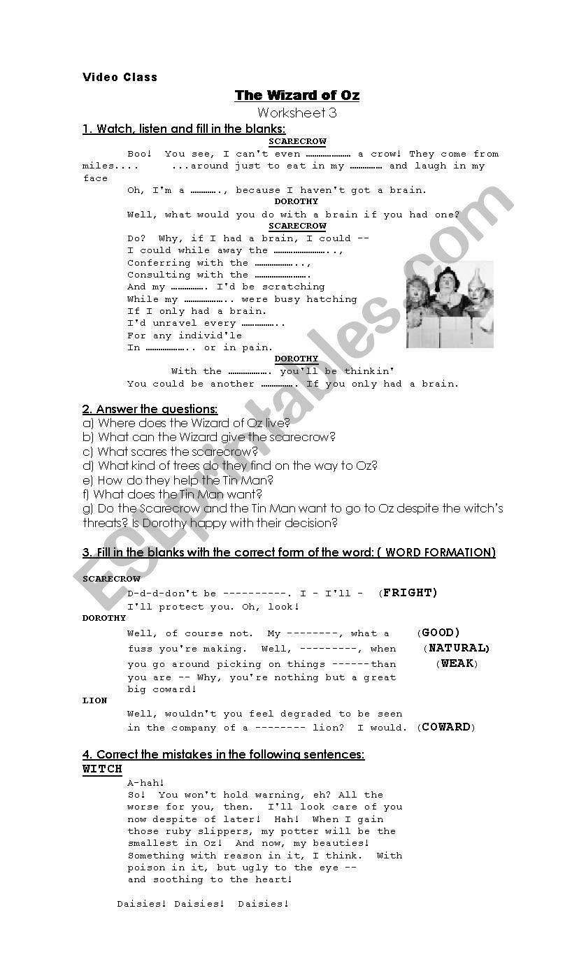 The Wizard of Oz- Video Class- Worksheet 3.