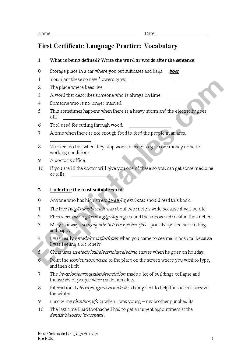 First Certificate Practice worksheet