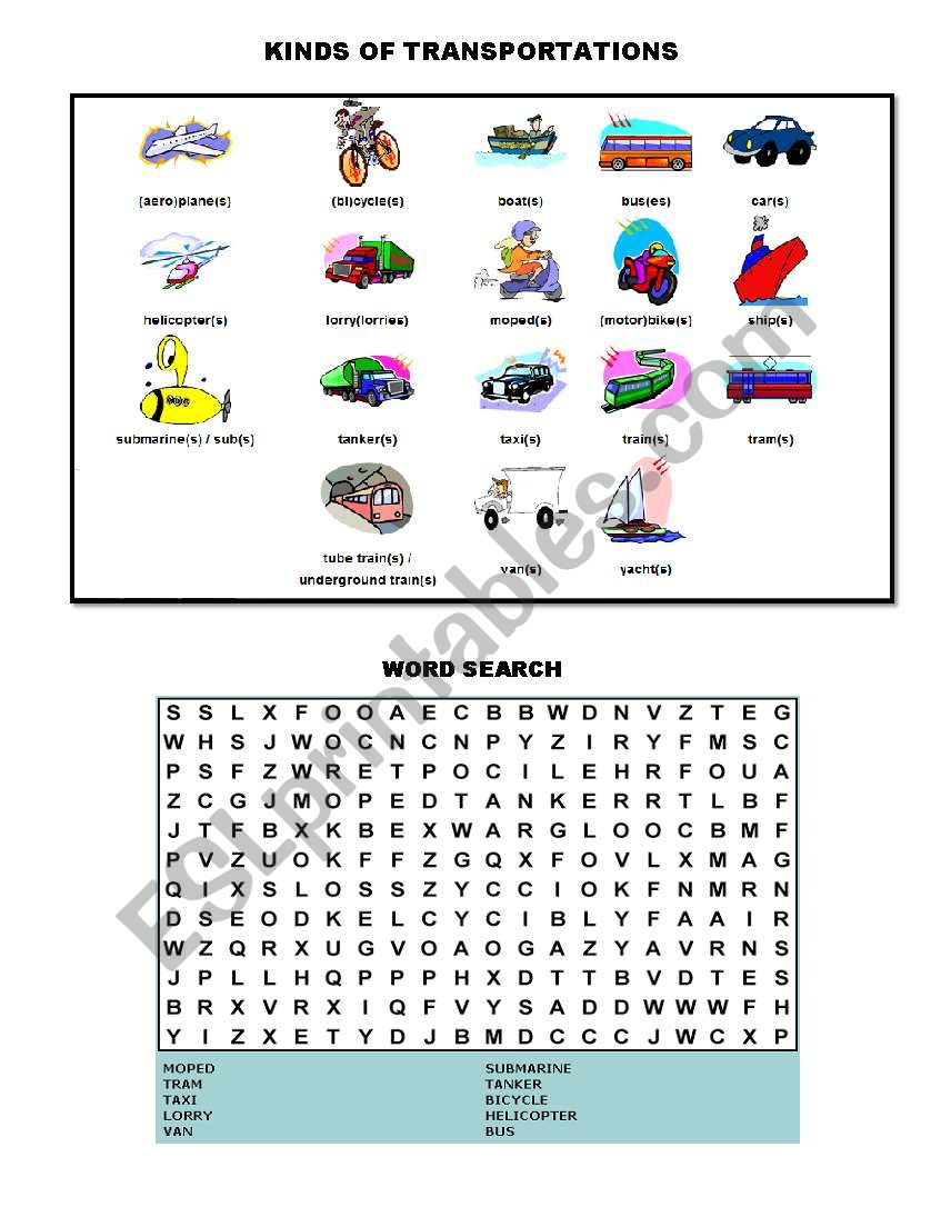 kinds of transportation worksheet