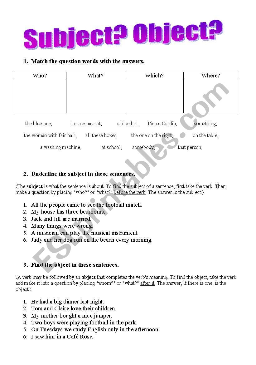 Subject Verb And Object Worksheet