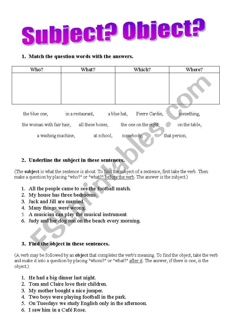 Subject Object ESL Worksheet By A majewska