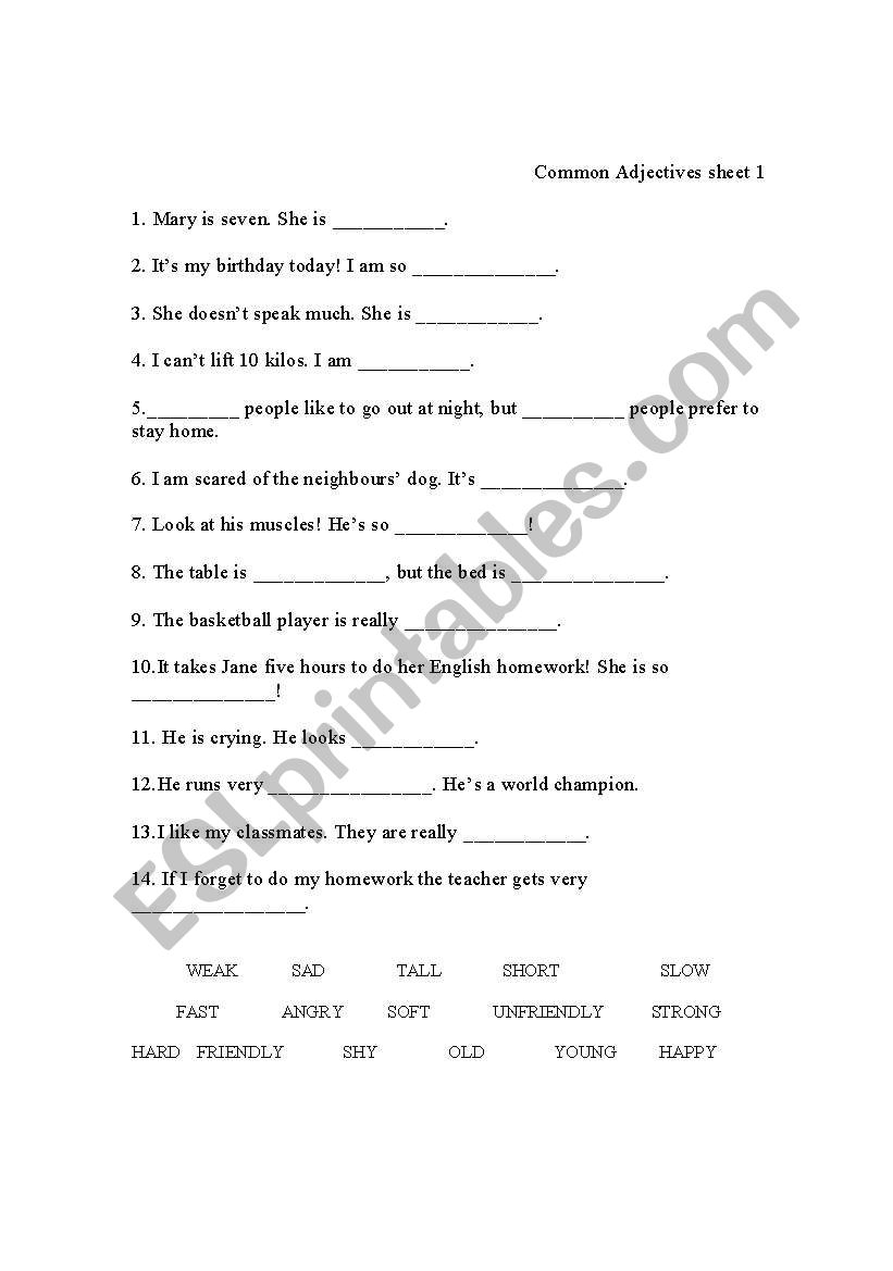 matching adjectives sheet, elementary