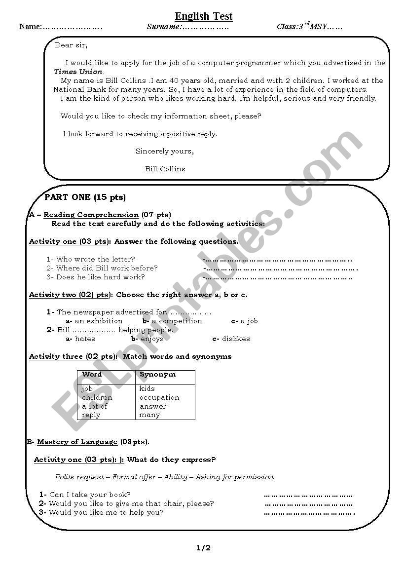 english test worksheet