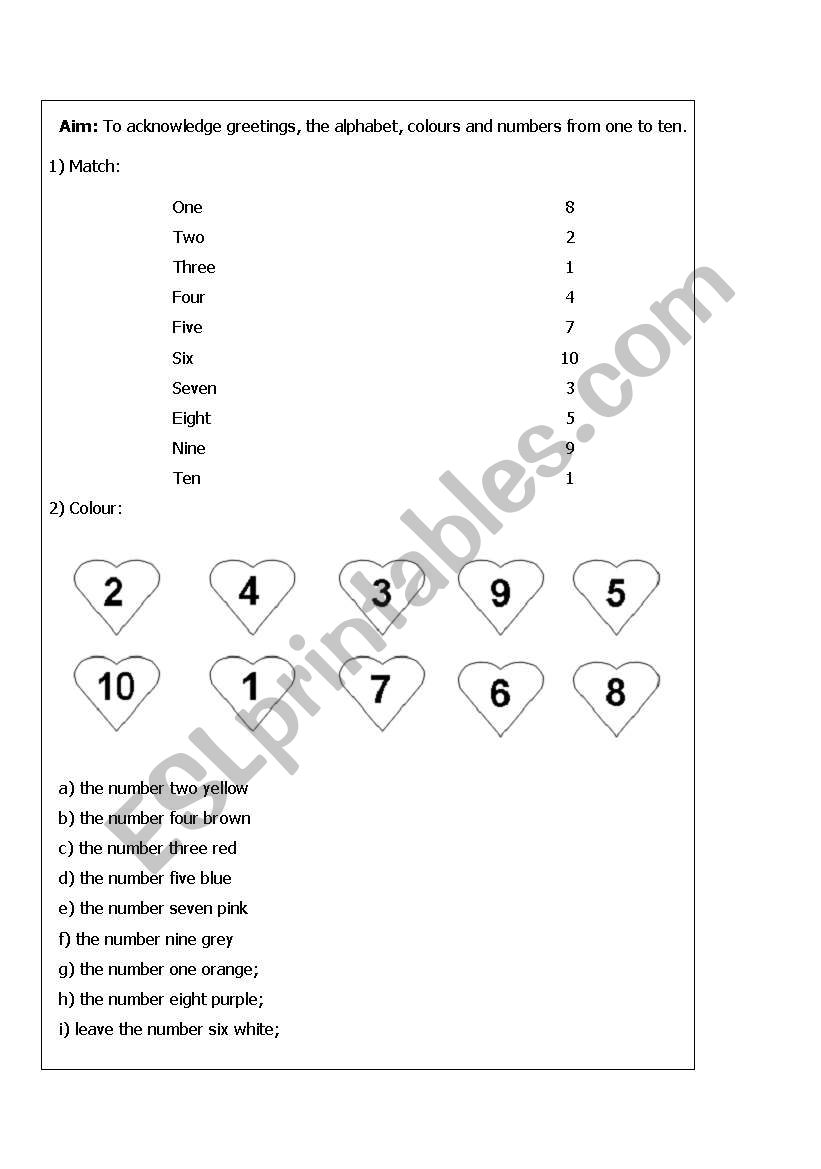 Activity about greetings, the alphabet, colours and numbers from one to ten