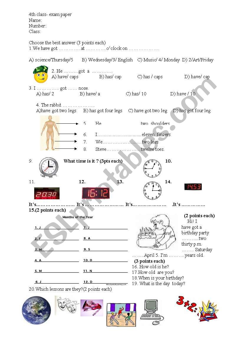 4th class exam paper worksheet