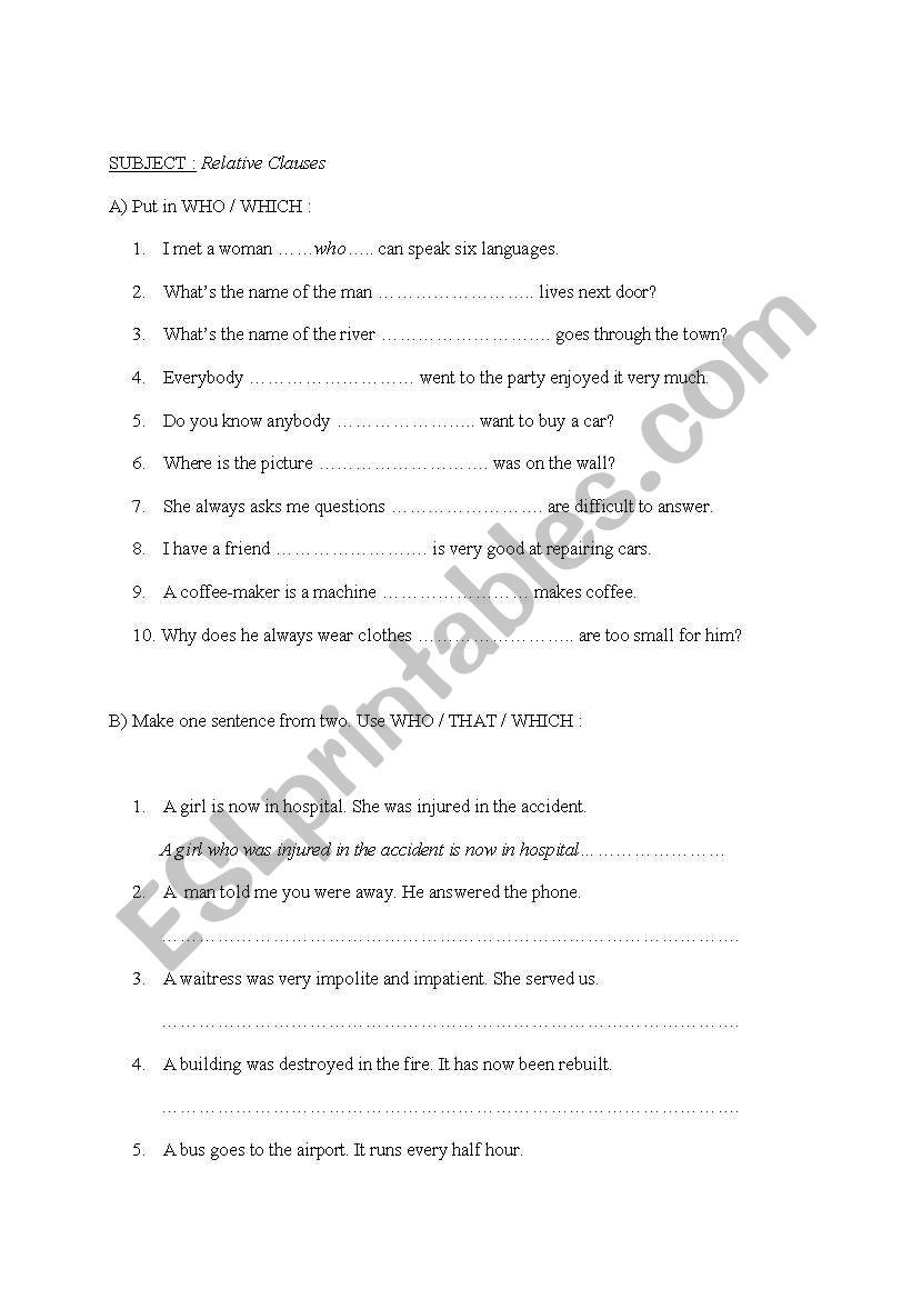 relative clause worksheet