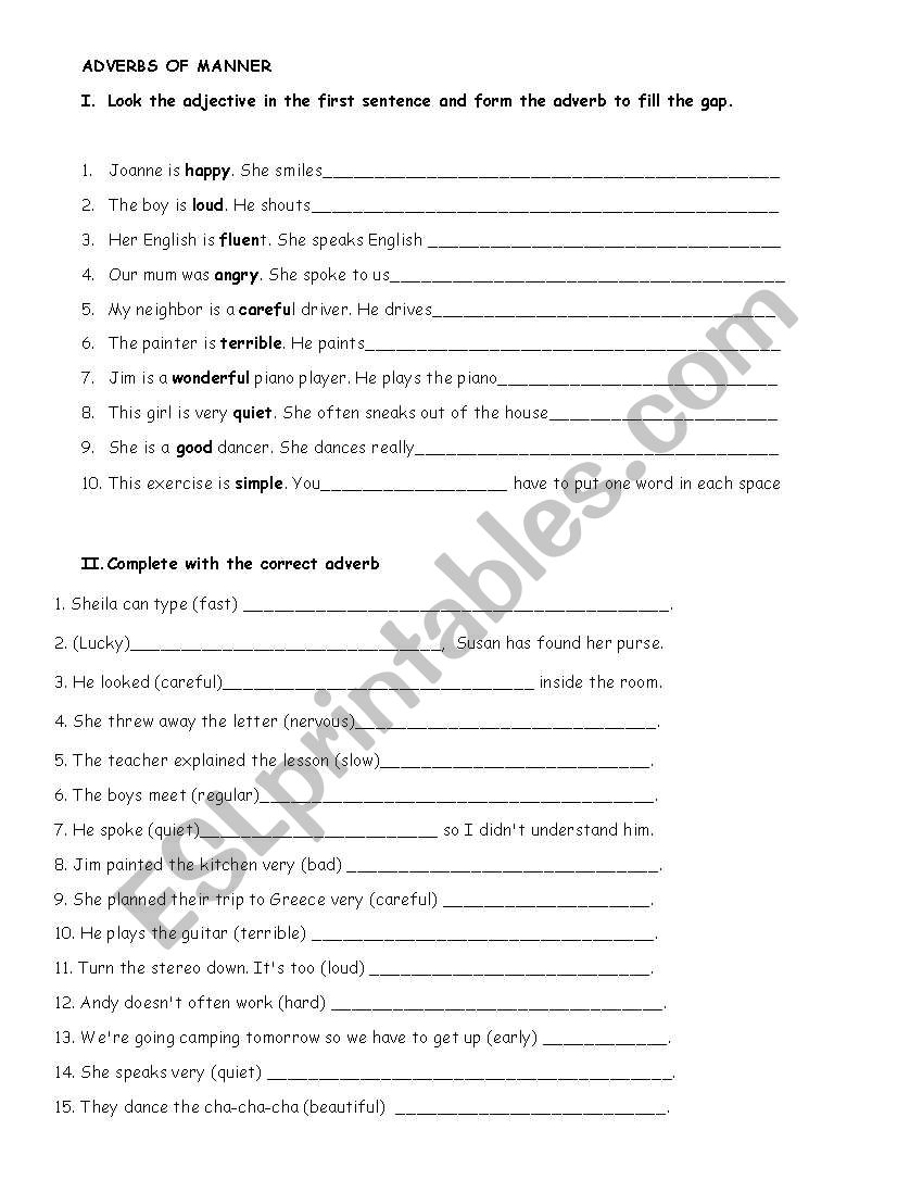 Adverbs of manner worksheet
