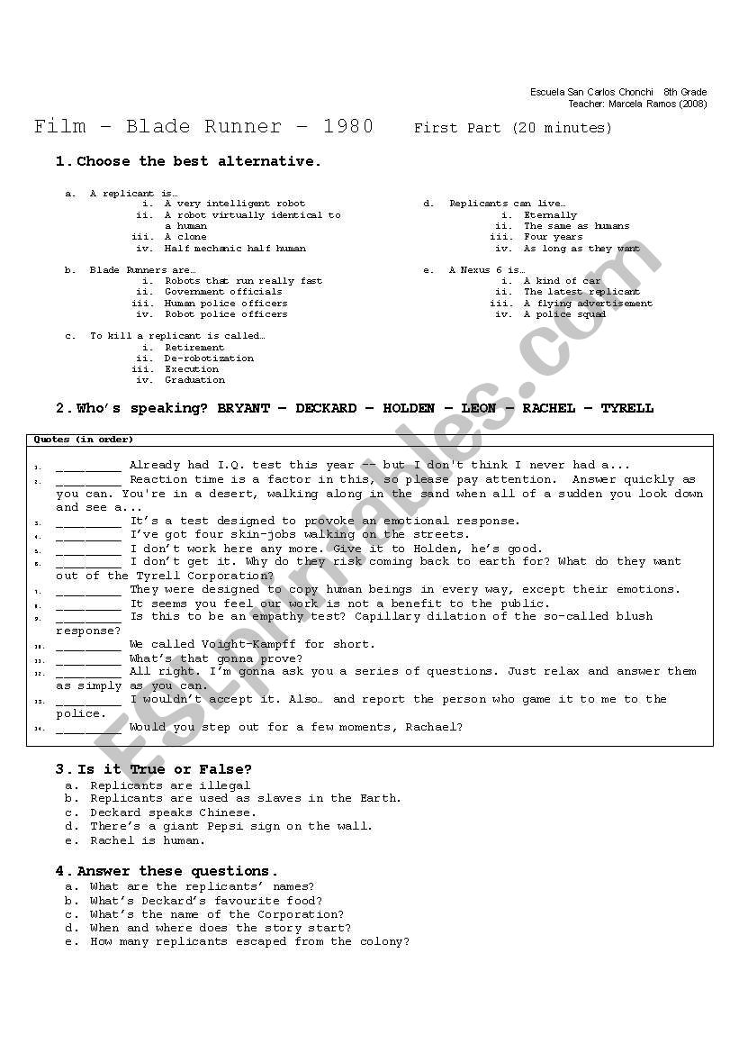 Film Blade Runner worksheet