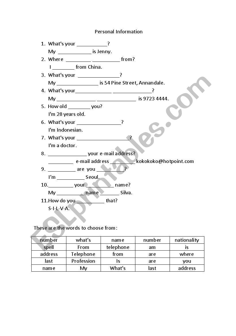 Personal Information worksheet