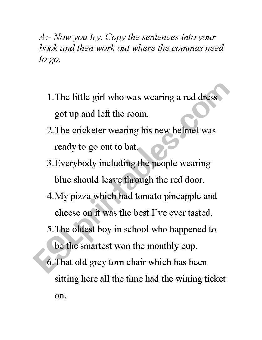 Commas worksheet