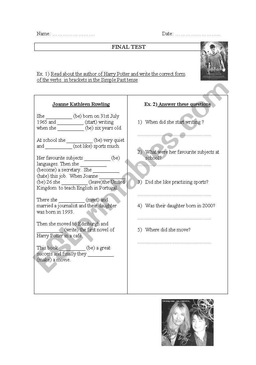 J.K Rowling TEST Simple past-Going to-REading Comp.