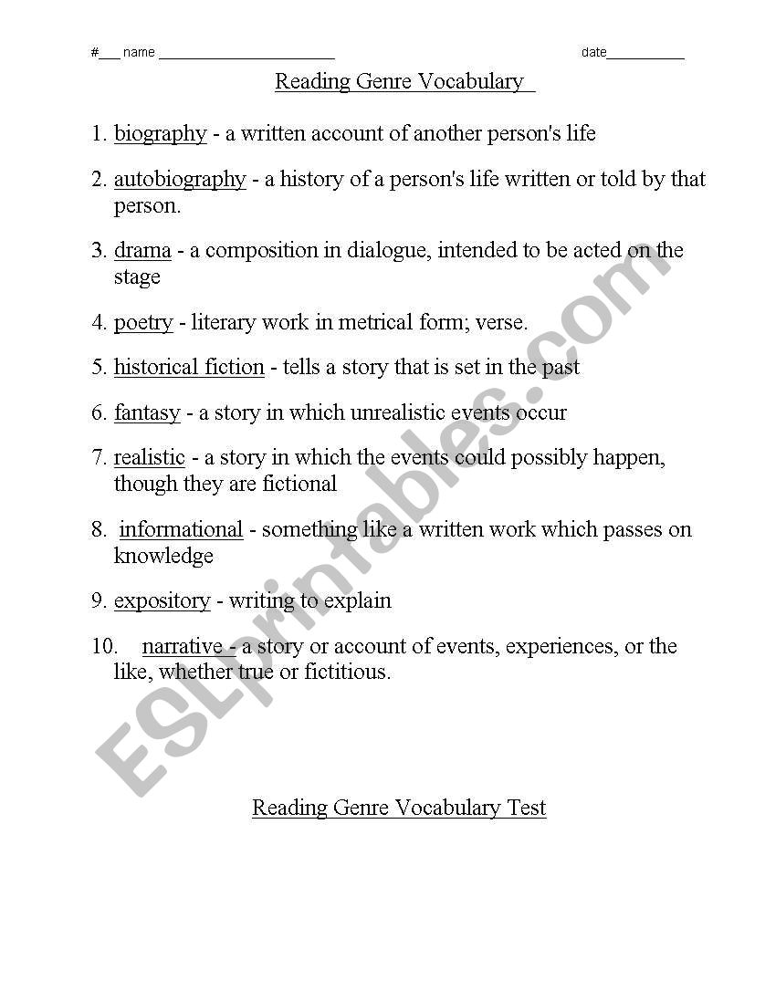 Reading Genre Vocabulary worksheet