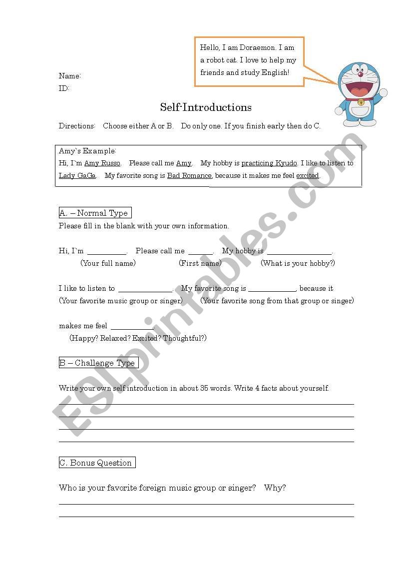 Self Introduction Guided Writing Two Challenge Levels