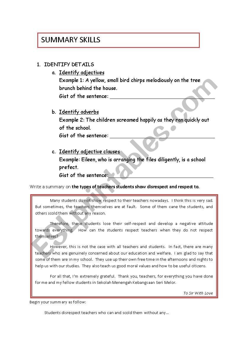 Summary Identify Details worksheet