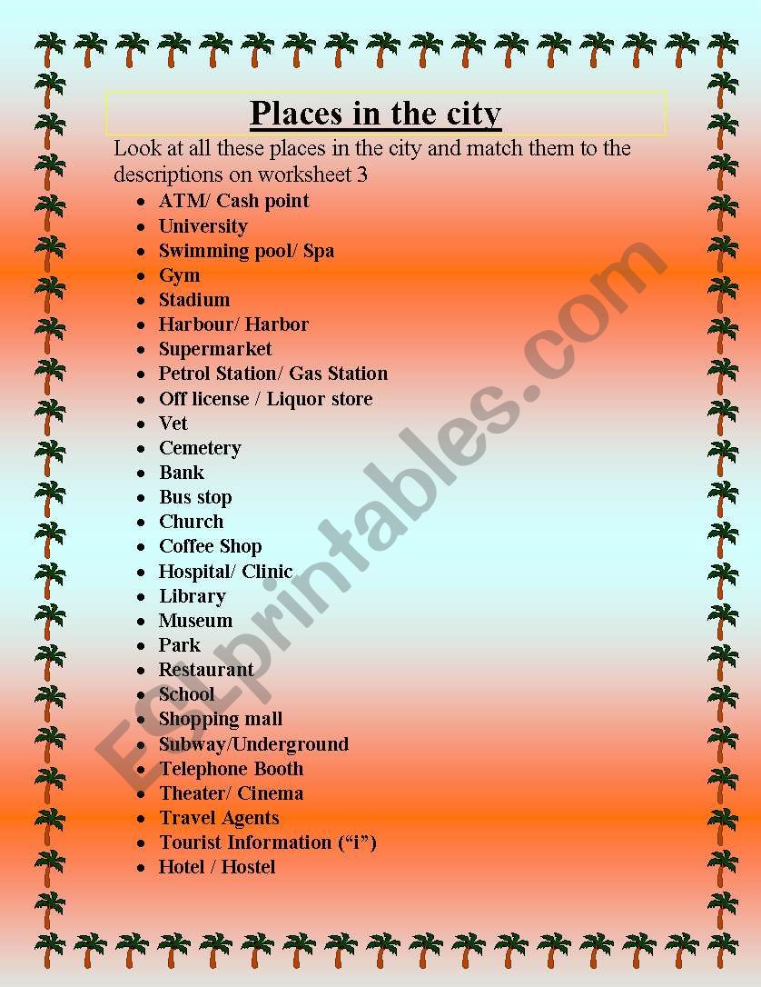 Places In the City  worksheet