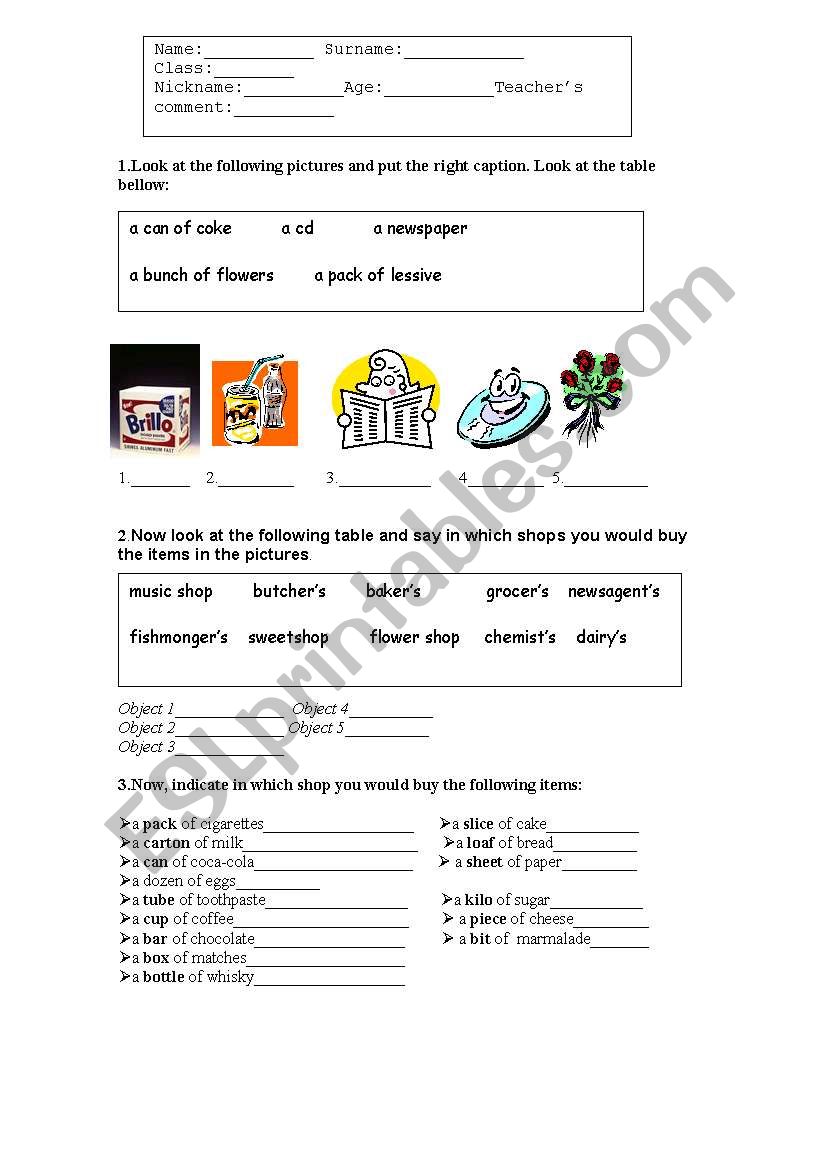 Shops and products worksheet