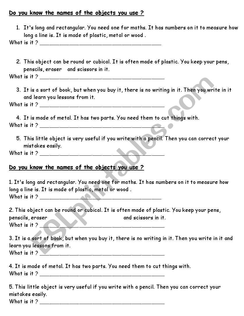 classroom objects : Reading worksheet