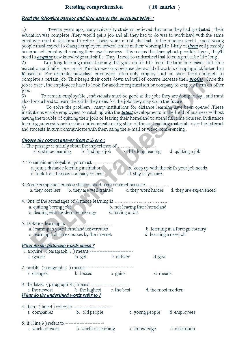 reading comprehension worksheet