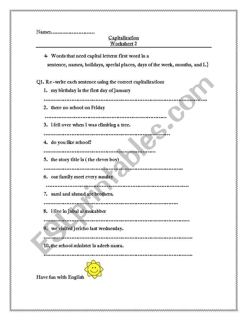 Capitalization worksheet