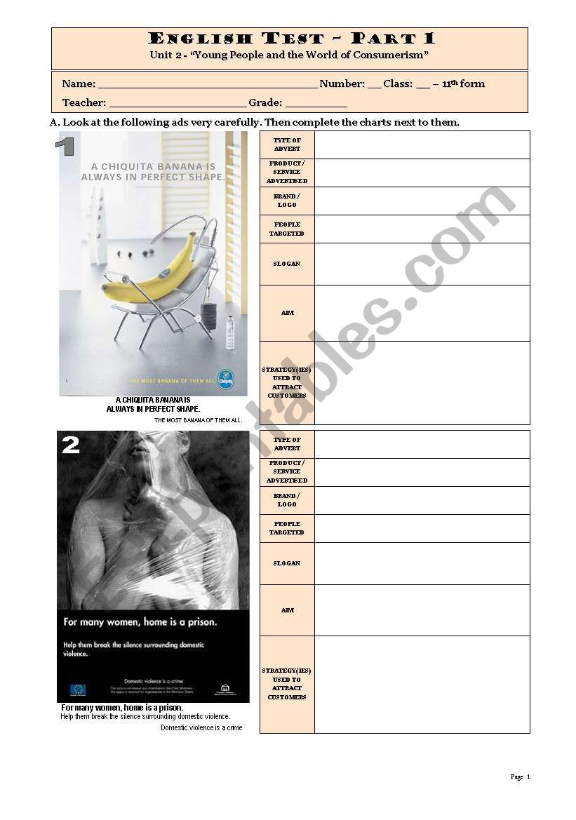 Test - Advertising - Part 1 worksheet