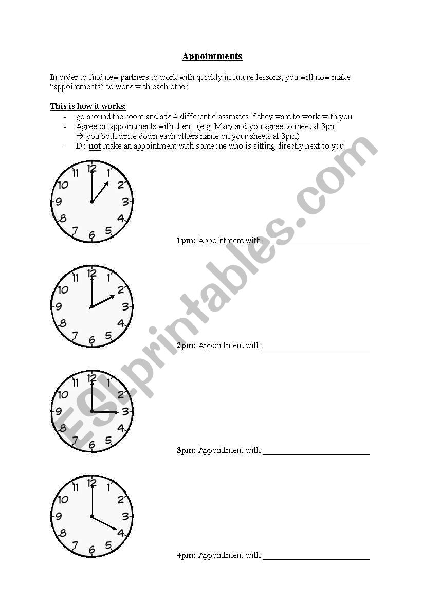 Appointment sheet for partner work (classroom management efficiency)