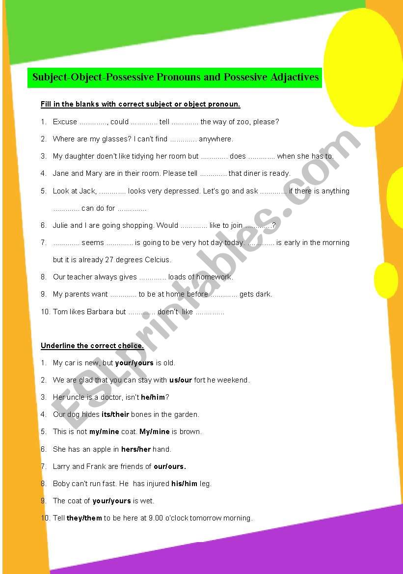 Subject-Object-Possessive Pronouns and Possesive Adjactives