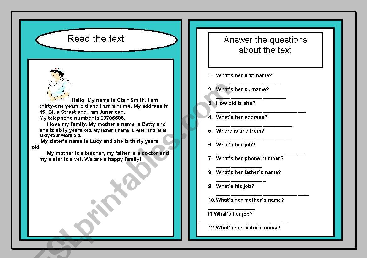 Reading comprehension worksheet