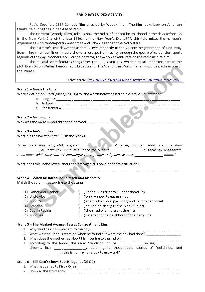 Radio Days Activity worksheet