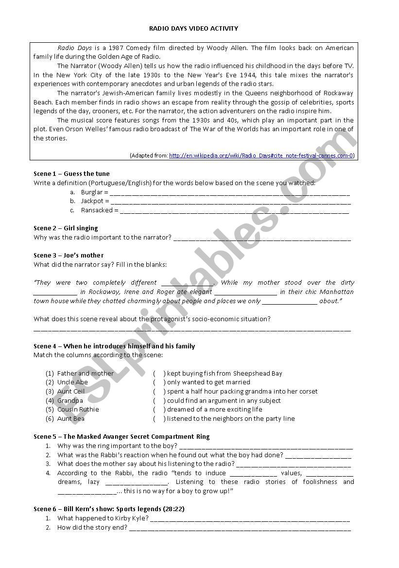 Radio Days Activity worksheet