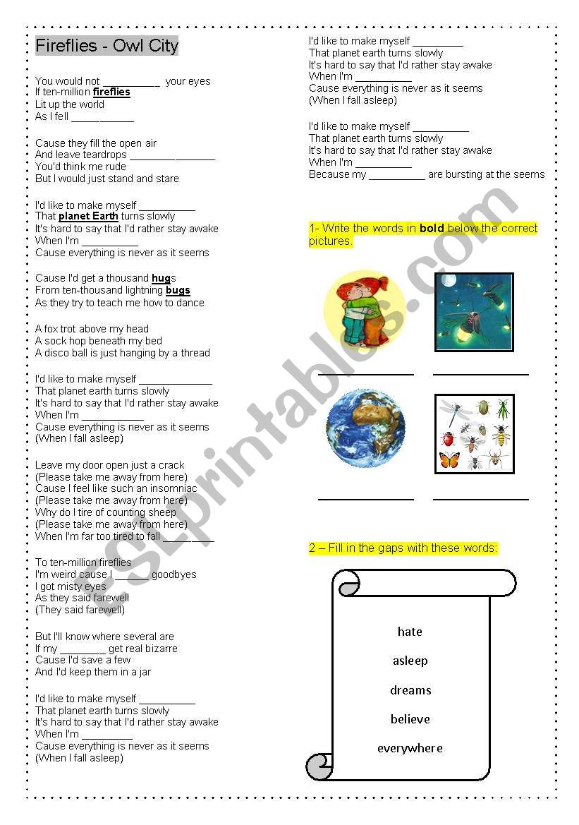 Song: Fireflies by Owl City worksheet