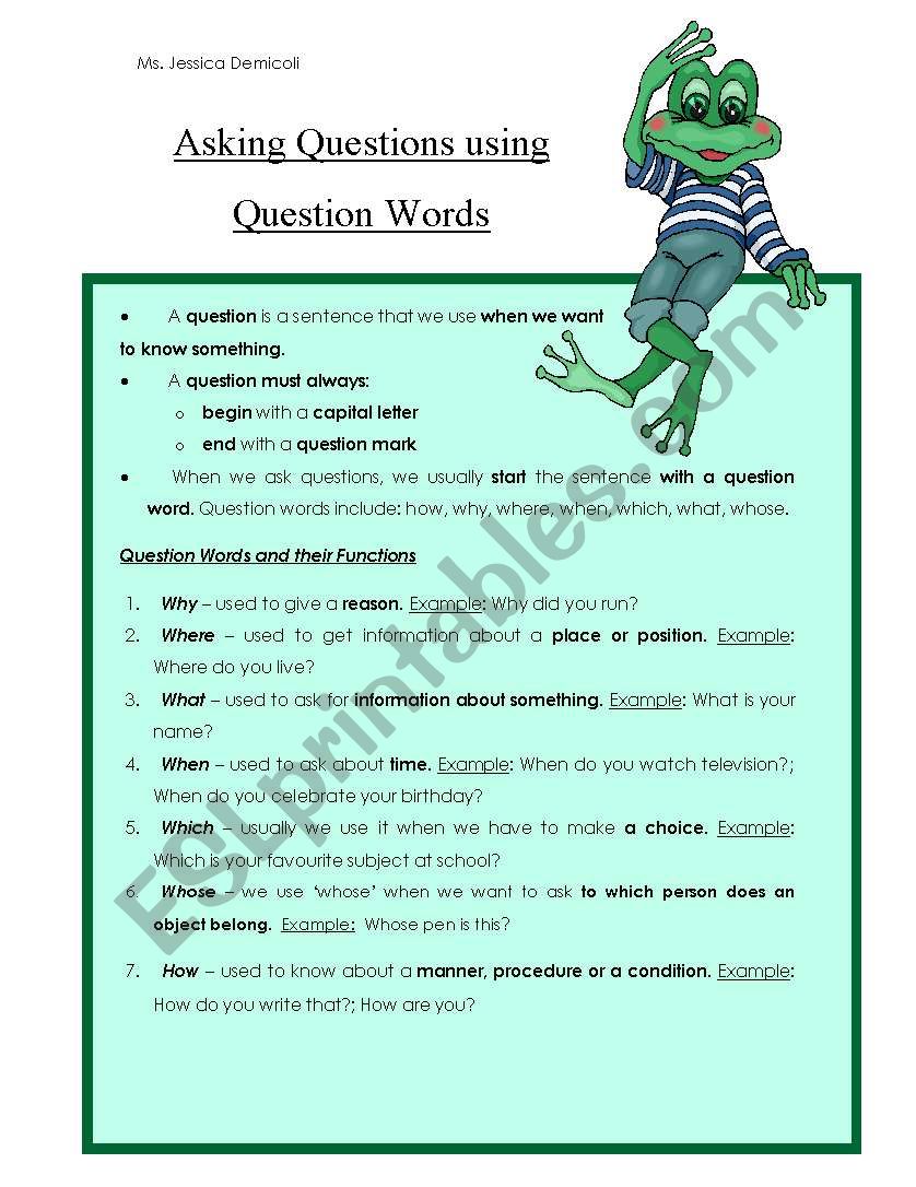 Question Words Notes Handout worksheet
