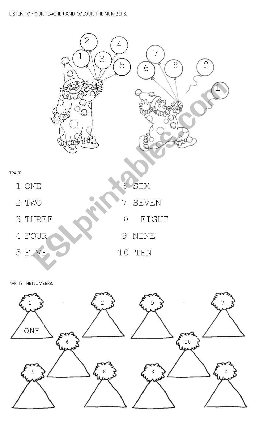 Clowns, colours and numbers. worksheet