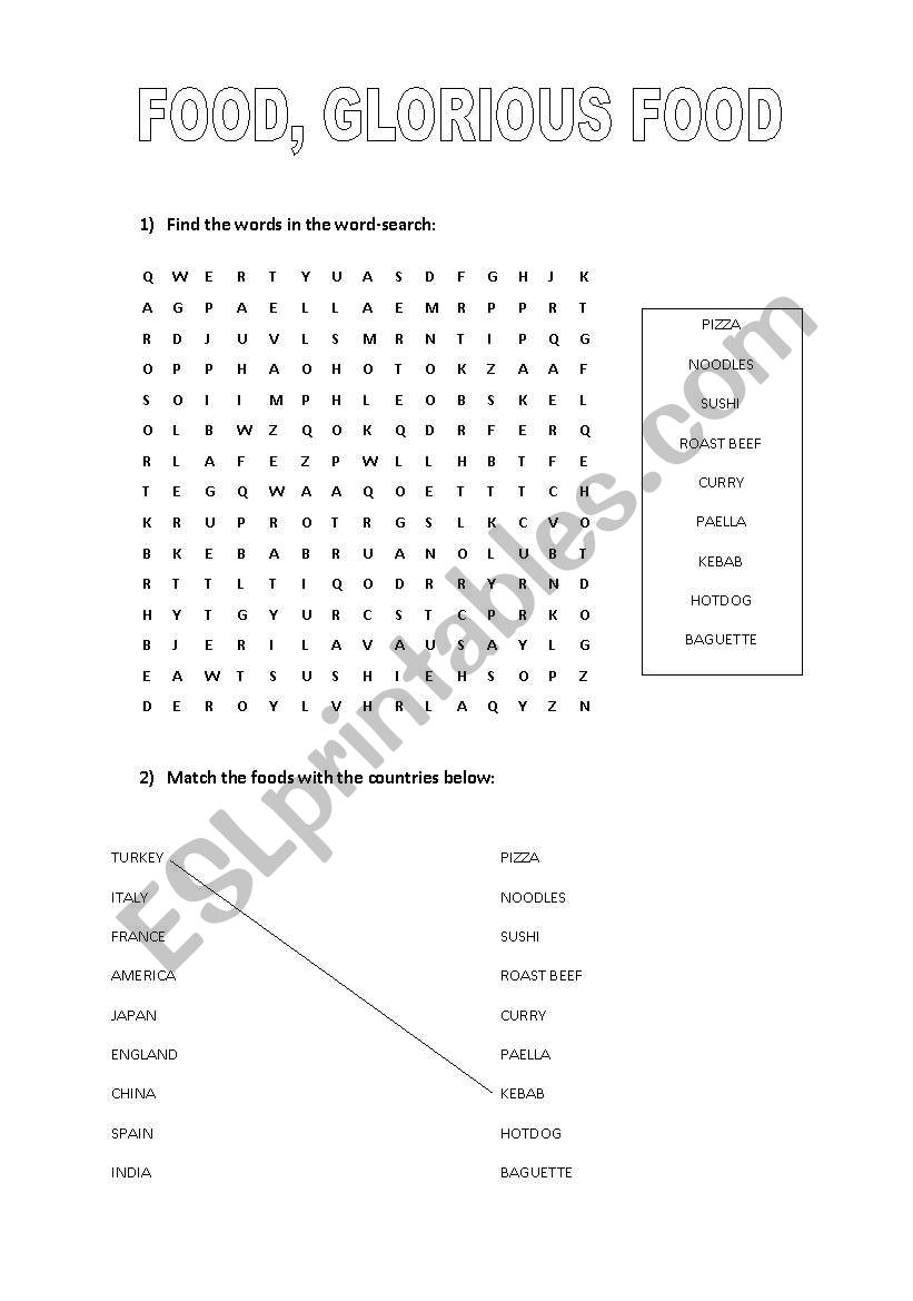 Food Glorious Food - Wordsearch and Matching Exercise
