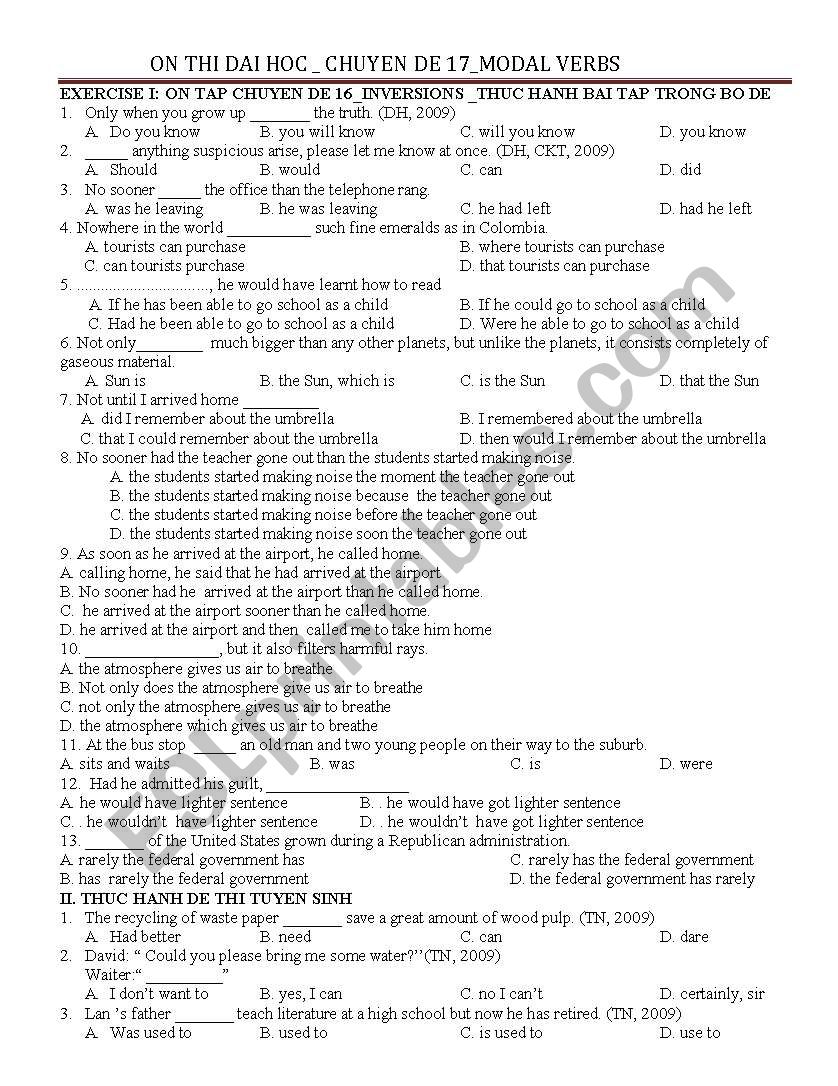 multiple choice questions of modal verbs esl worksheet by khuonghunglinh